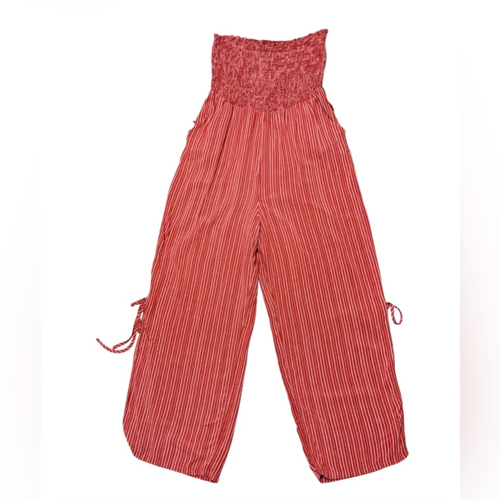 Just Found XL Red Striped Smocked Waist Wide Leg Pants Boho Tie Side